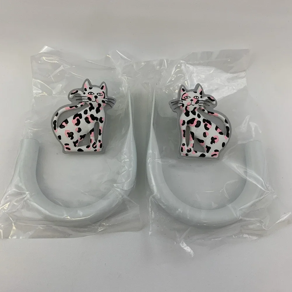 Lillian Vernon Ceramic Pink Black Leopard Cats Curtain Holdbacks Wall Mount Set